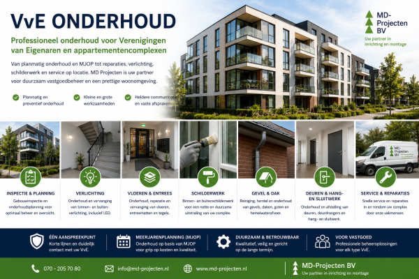 VvE onderhoud met appartementencomplex, trappenhuis, schilderwerk, LED-verlichting en planmatig onderhoud door MD Projecten.