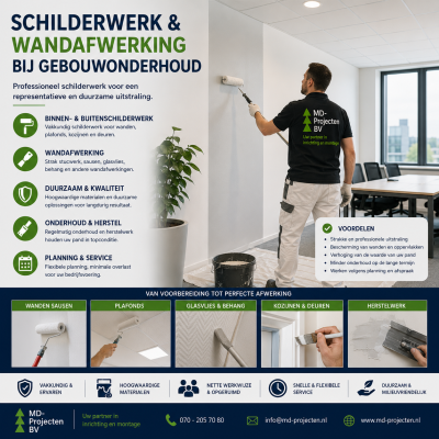 Schilderwerk en wandafwerking bij gebouwonderhoud door MD Projecten, inclusief binnen- en buitenschilderwerk, sausen, glasvlies, behang, kozijnen, deuren en professioneel onderhoud voor kantoren en bedrijfspanden.