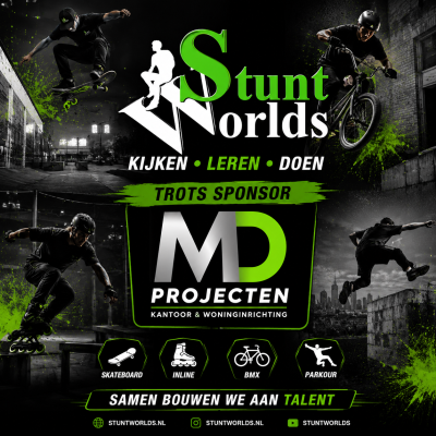 Sponsorafbeelding van MD Projecten en STUNTWORLDS met skateboarden, BMX, inline skaten en parkour voor een actieve en sportieve community.