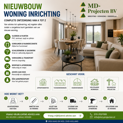 Nieuwbouw woning inrichting inclusief vloer, gordijnen en schilderwerk door MD Projecten