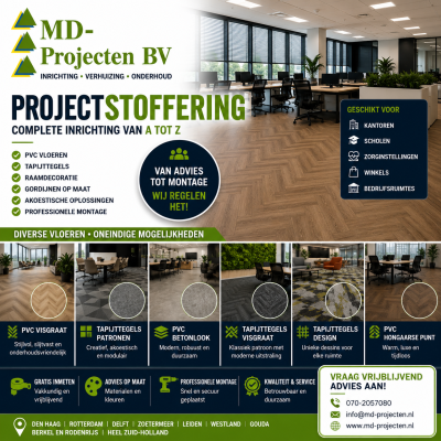 Projectstoffering voor kantoren met PVC vloeren, tapijttegels, raamdecoratie en montage door MD Projecten
