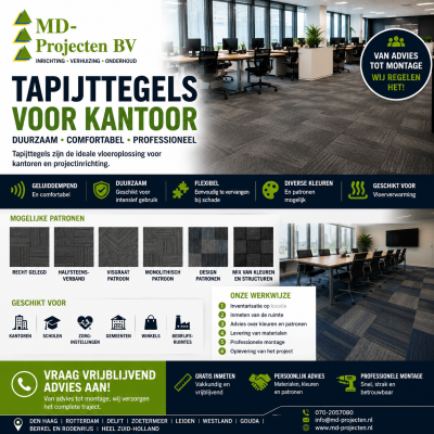 Tapijttegels voor kantoor met moderne patronen geleverd en gemonteerd door MD Projecten