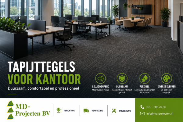 Moderne kantoorinrichting met tapijttegels en ergonomische werkplekken door MD Projecten