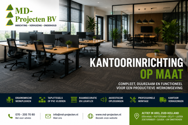 Kantoorinrichting op maat met ergonomische werkplekken, tapijttegels en raamdecoratie door MD Projecten in Zuid-Holland