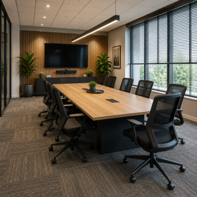 Moderne vergaderruimte met vergadertafel, ergonomische stoelen, tapijttegels en raamdecoratie door MD Projecten