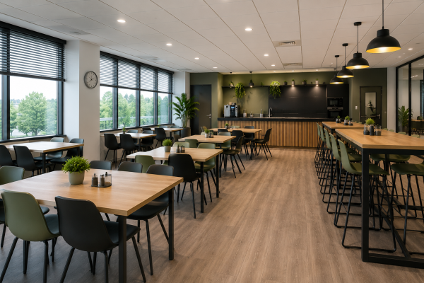 Bedrijfskantine met moderne kantinetafels, stoelen en lunchruimte inrichting door MD Projecten