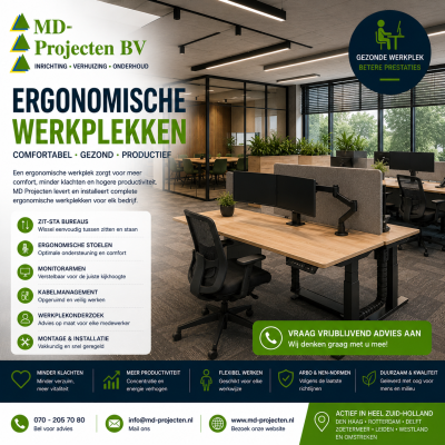 Elektrische zit-sta bureaus en ergonomische werkplekken voor kantoren geleverd door MD Projecten