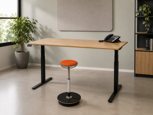 Ultrajust Smart zit-sta bureau met ergonomische balanskruk voor actief werken in moderne kantooromgeving
