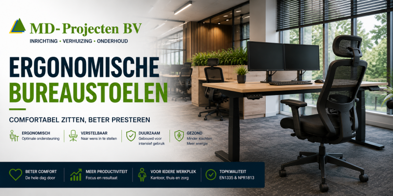 Moderne kantoorinrichting met ergonomische bureaustoelen, zit-sta bureaus en werkplekken door MD Projecten