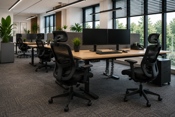Ergonomische bureaustoelen voor kantoor met zit-sta bureaus, monitorarmen en projectinrichting door MD Projecten