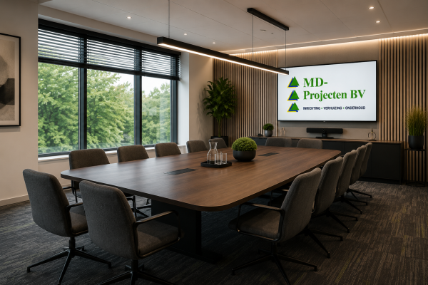 Moderne vergaderruimte met vergadertafel, comfortabele vergaderstoelen, luxe wandafwerking en kantoorinrichting door MD Projecten