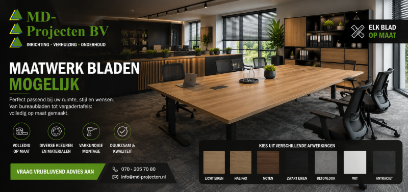 Maatwerk bureaubladen en vergadertafels voor moderne kantoorinrichting door MD Projecten