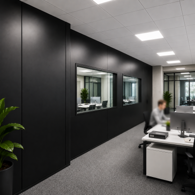 Dichte clickwand en systeemwand voor moderne kantoorinrichting met geïntegreerde ramen en werkplekken door MD Projecten