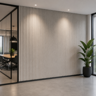 PET-vilt akoestische wandpanelen Rhythm Flow NF-002 Porcelain White voor moderne kantoorinrichting en geluidsdemping.