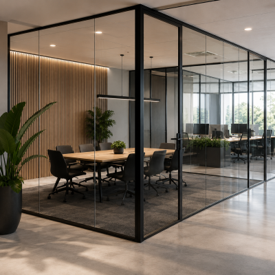Moderne glazen systeemwanden en clickwanden voor kantoren en vergaderruimtes geleverd door MD Projecten in Zuid-Holland.