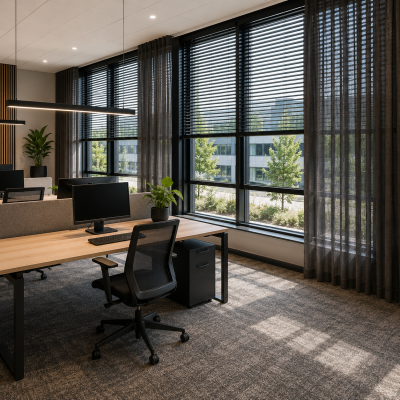 Moderne kantoorruimte met jaloezieën, inbetween gordijnen en professionele raamdecoratie voor projectstoffering | MD Projecten