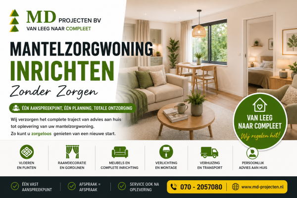 Mantelzorgwoning inrichten in Zuid-Holland met vloeren, raamdecoratie, meubels, verlichting, verhuizing en persoonlijk advies door MD Projecten