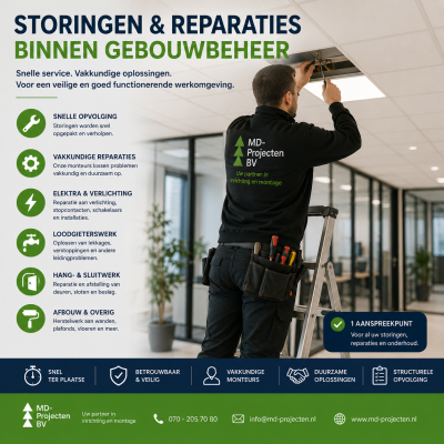 Storingen en reparaties binnen gebouwbeheer door MD Projecten, inclusief technisch onderhoud, elektrawerk, verlichting, loodgieterswerk, hang- en sluitwerk en snelle storingsoplossingen voor kantoren en bedrijfspanden.