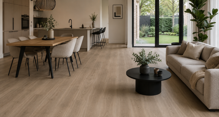 Fotorealistische lichte woonkamer met keuken, eethoek en een houtlook PVC-vloer van MD Projecten voor woningen en moderne interieurs.
