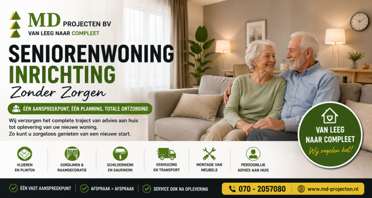 Complete inrichting van seniorenwoningen, zorgwoningen en appartementen inclusief vloeren, raamdecoratie, schilderwerk, verhuizing en montage door MD Projecten BV.