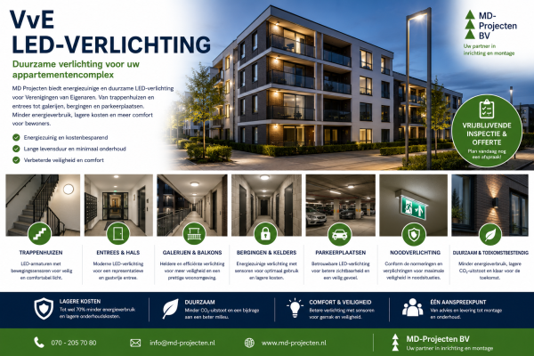 VvE LED-verlichting voor appartementencomplex met trappenhuizen, entrees, galerijen, sensoren en noodverlichting door MD Projecten.