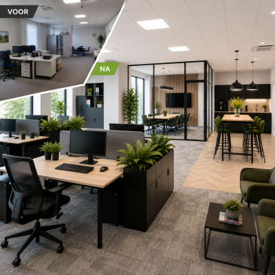 Kantoorrenovatie door MD Projecten met vernieuwde werkplekken, ergonomische bureaustoelen, vergaderruimte, PVC-vloer, LED-verlichting, moderne pantry en duurzame kantoorinrichting.