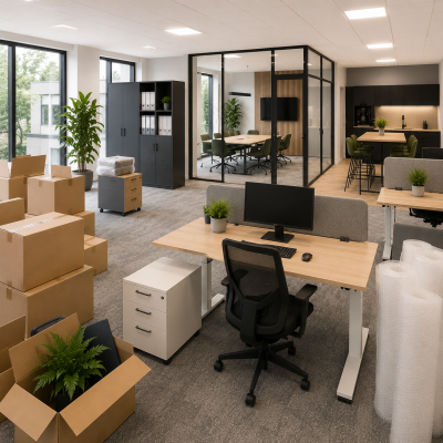 Kantoorverhuizing inclusief inrichting met verhuisdozen, ergonomische werkplek, kantoorkasten, vergaderruimte, moderne verlichting en montage op locatie.
