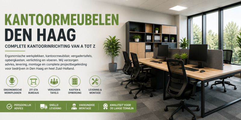 Kantoormeubelen Den Haag – ergonomische werkplekken, zit-sta bureaus, vergadertafels en montage door MD Projecten.