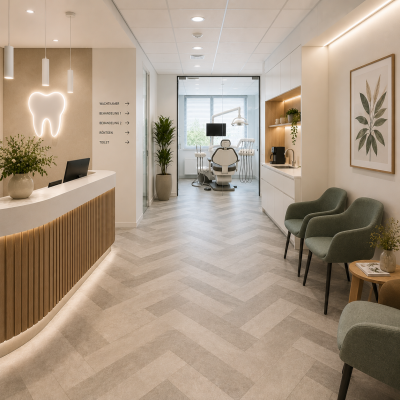 Tandartspraktijk ingericht door MD Projecten met balie, wachtkamer, behandelruimte, patroonvloer, verlichting, wandafwerking, planten en montage.