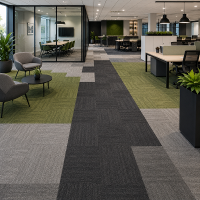 Moderne tapijttegels met grijze en groene kleurzones in patroon voor kantoorinrichting en projectstoffering | MD Projecten