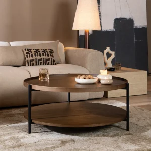 Ronde salontafel Rio 90 cm in rustiek eiken met zwart metalen frame in moderne woonkamer