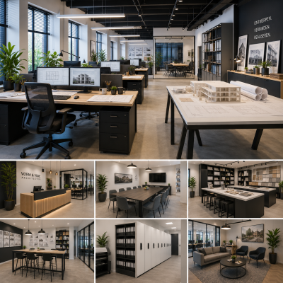 Kantoorinrichting voor architectenbureaus met ruime zit-sta bureaus, ergonomische bureaustoelen, projecttafels, vergaderruimte, kantoorkasten en moderne verlichting door MD Projecten.