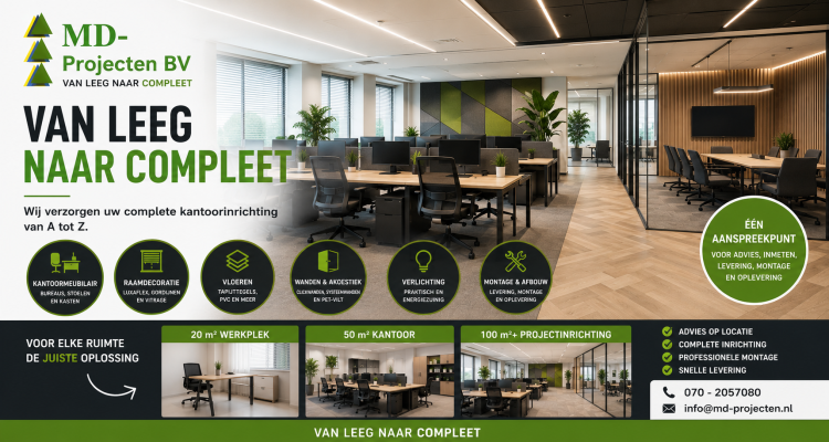 Van leeg naar compleet met complete kantoorinrichting, vloeren, wanden en kantoormeubilair door MD Projecten BV.