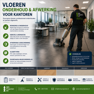 Vloeren onderhoud en afwerking voor kantoren door MD Projecten, inclusief PVC vloeren, tapijttegels, vloerreiniging, vloeronderhoud, herstelwerkzaamheden en professionele vloerafwerking voor bedrijfspanden.