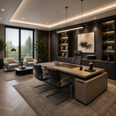 Directiekantoor ingericht door MD Projecten met directiebureau, vergaderstoelen, kasten, vloerafwerking, raamdecoratie, verlichting en montage.