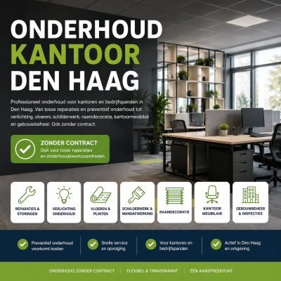 Onderhoud kantoor Den Haag door MD Projecten met modern kantoorinterieur, service en onderhoud zonder contract, gebouwbeheer, verlichting, vloeren, schilderwerk, raamdecoratie en kantoormeubilair.