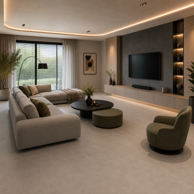 Luxe woonkamer ingericht door MD Projecten met designbank, linoleum vloer, moderne tv-wand, sfeerverlichting, raamdecoratie, schilderwerk en complete woonkamerinrichting.