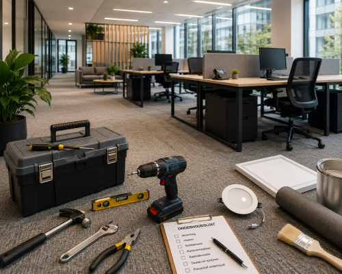 Onderhoud kantoor door MD Projecten met modern kantoorinterieur, onderhoudsgereedschap, LED-verlichting, vloeronderhoud, schilderwerk, raamdecoratie, kantoormeubilair, preventief onderhoud en gebouwbeheer voor kantoren en bedrijfspanden.