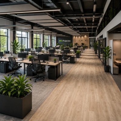 Open kantoor ingericht door MD Projecten met meerdere werkplekken, vloerafwerking, planten, verlichting, akoestiek, raamdecoratie en montage.