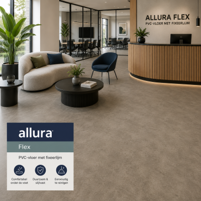 Allura Flex PVC-vloer met fixeerlijm in een moderne kantooromgeving met betonlook PVC-vloer, geschikt voor renovatie, kantoren, winkels en projectinrichting door MD Projecten.