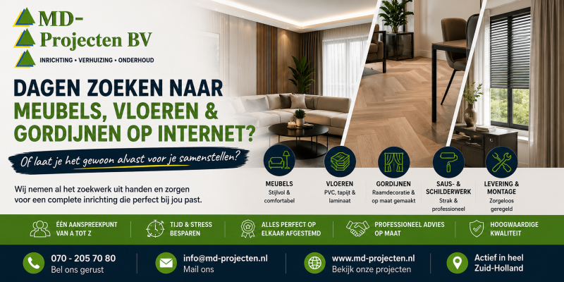 Woning- en kantoorinrichting met meubels, vloeren, raamdecoratie en montage door MD Projecten in Zuid-Holland.