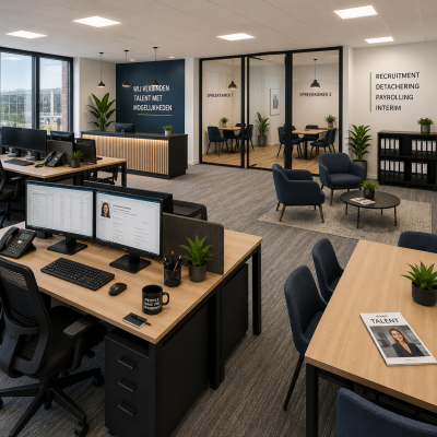 Kantoorinrichting voor uitzendbureaus en recruitmentbureaus met ergonomische werkplekken, ontvangstruimte, spreekkamers, vergaderruimte en kantoorkasten door MD Projecten.