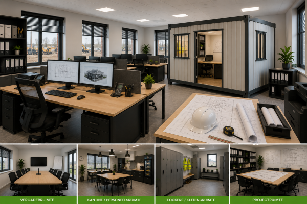 Kantoorinrichting voor bouwbedrijven met ergonomische bureaus, bureaustoelen, projecttafels, vergaderruimte, kantoorkasten, kantine en moderne verlichting door MD Projecten.