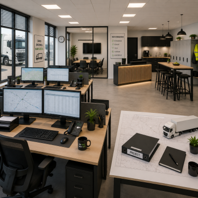 Kantoorinrichting voor transportbedrijven met ergonomische werkplekken, planningsafdeling, vergaderruimte, lockers, kantine en moderne verlichting door MD Projecten.