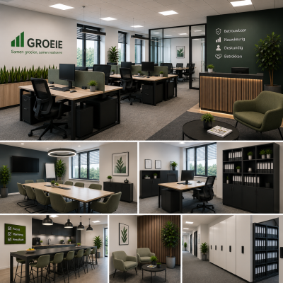 Kantoorinrichting voor accountantskantoren met ergonomische bureaus, bureaustoelen, vergaderruimte, archiefkasten, akoestische schermen en moderne verlichting door MD Projecten.