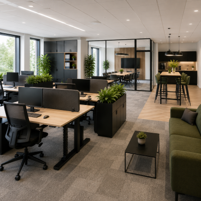 Complete kantoorinrichting met ergonomische zit-sta bureaus, bureaustoelen, vergaderruimte, akoestische werkplekken, kantoorkasten, loungehoek en moderne LED-verlichting door MD Projecten.