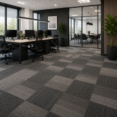 Grijze tapijttegels in modern kantoor met ergonomische werkplekken en vergaderruimte | MD Projecten