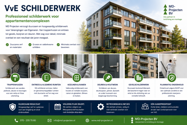 VvE schilderwerk aan appartementencomplex door MD Projecten met trappenhuis, entrees, kozijnen, deuren, gevelschilderwerk en planmatig onderhoud.