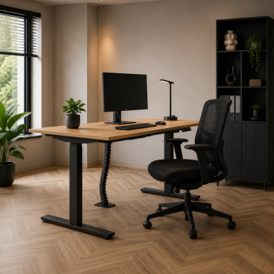 Moderne werkplek met elektrisch zit-sta bureau, ergonomische bureaustoel en kabelmanagement voor thuiswerkplek of kantoor.
