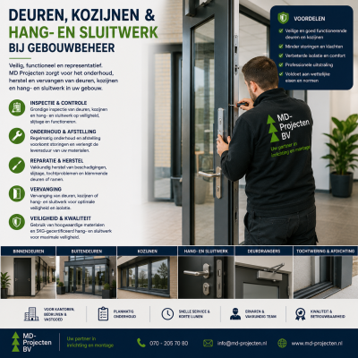 Kantoormeubilair onderhoud en vervangen bij gebouwbeheer door MD Projecten, inclusief inspectie, reparatie, vervanging en onderhoud van bureaus, bureaustoelen, vergadertafels, kasten en complete kantoorinrichting.